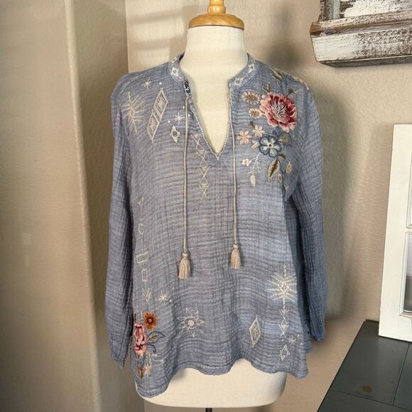 Johnny Was Womens Embroidered Umoya Effortless Scarf Back Blouse Blue Large - Picture 3 of 16